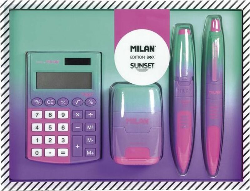 Milan Stationery Sunset Edition Box met rekenmachine, potlood, pen, puntenslijper en gum!