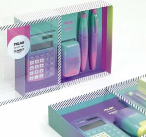 Milan Stationery Sunset Edition Box met rekenmachine, potlood, pen, puntenslijper en gum!